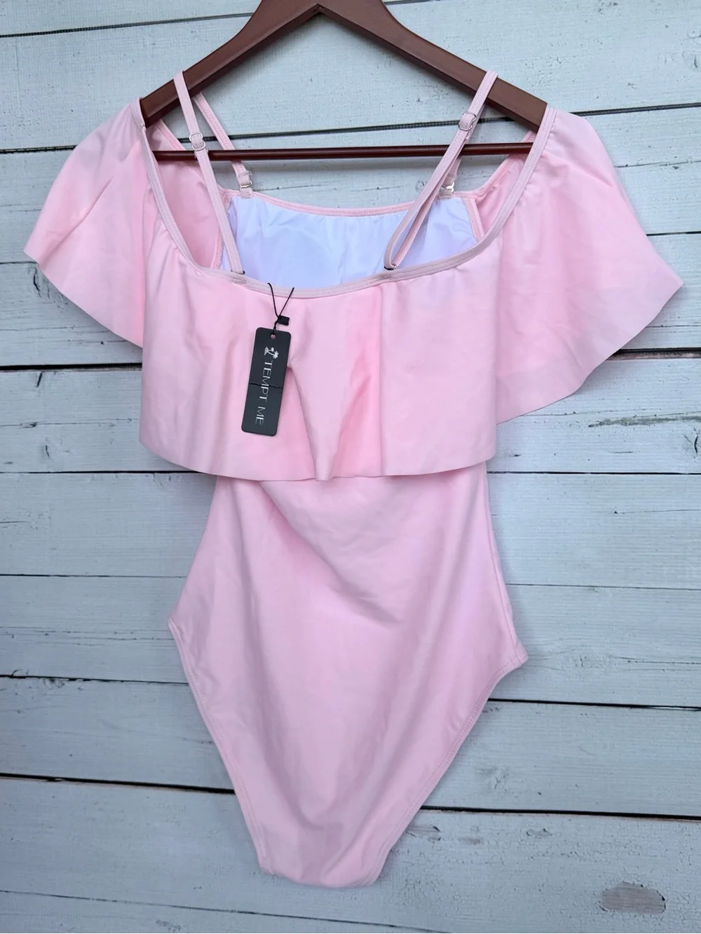 NWT Tempt Me Pink Off-the-Shoulder Ruffle One Piece Swimsuit - Picture 7 of 7